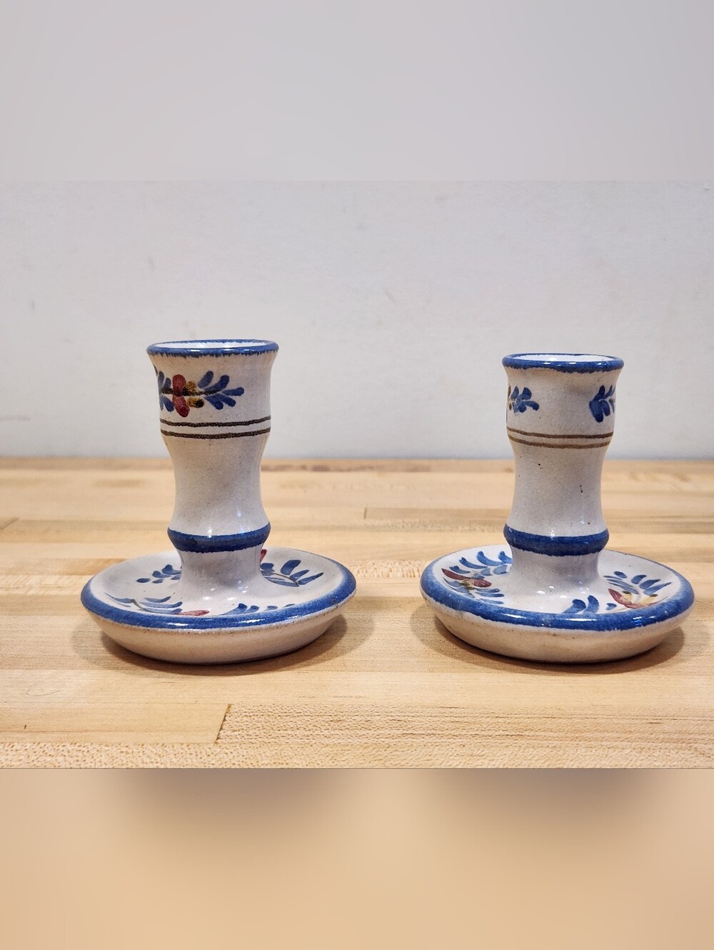 Vintage Handpainted Ceramic Blue Floral Candle Holders - Pair